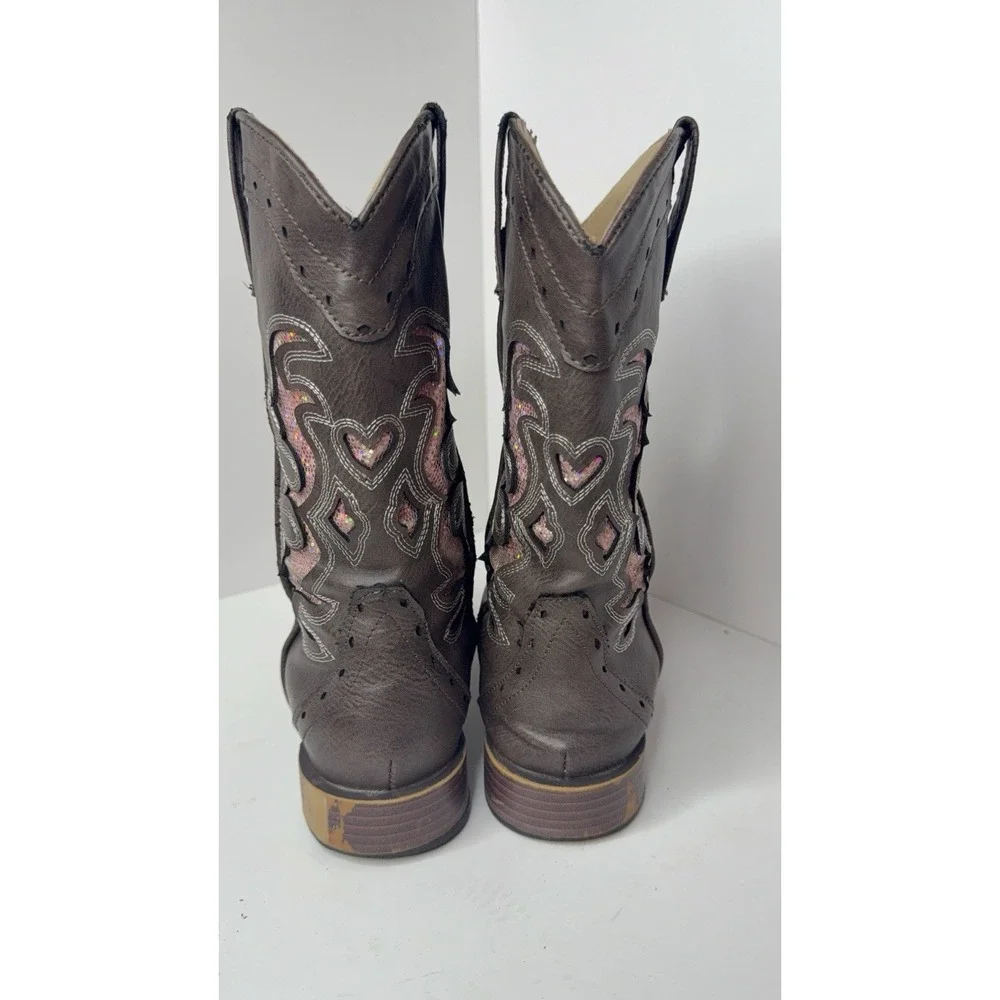 Kids Roper Brown Western Cowgirl Boots Pink Glitter Inlay Overlay Stitching